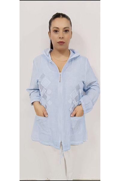 AKŞEN GİYİM LARGE SIZE WOMEN'S COTTON LINEN FABRIC EMBOSSED AND SIM PRINTED TWO-POCKET HOODED ZIPPERED JACKET