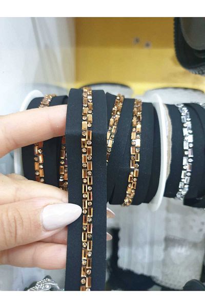 ESRA ŞELEM Black Decorative Strip - Gold Stone Detailed, Sewing Accessory Clothing Applique Hobby
