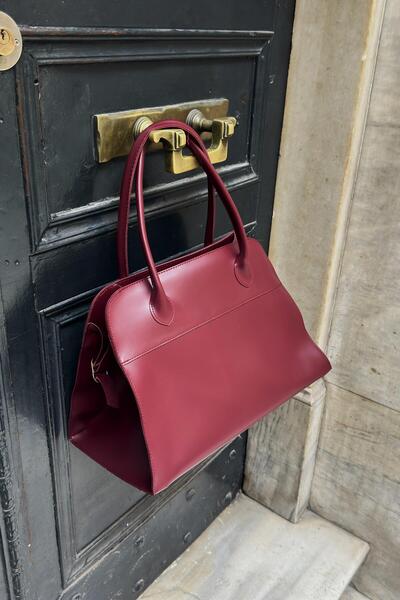 LEONAS XL Size Leather Accessory Detailed Zippered Women's Hand and Shoulder Bag Roman Claret Red