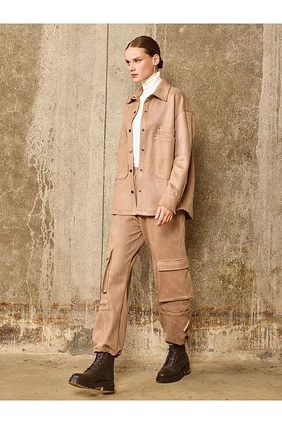 Unique -Suede Fabric Leg Zipper Detail Pants