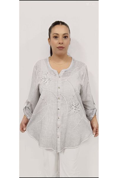 AKŞEN GİYİM 70 cm Oversize - Αυθεντικό πουκάμισο με στάμπα από βαμβακερό λινό ανάγλυφο λουλούδι και ασημί λεπτομέρεια