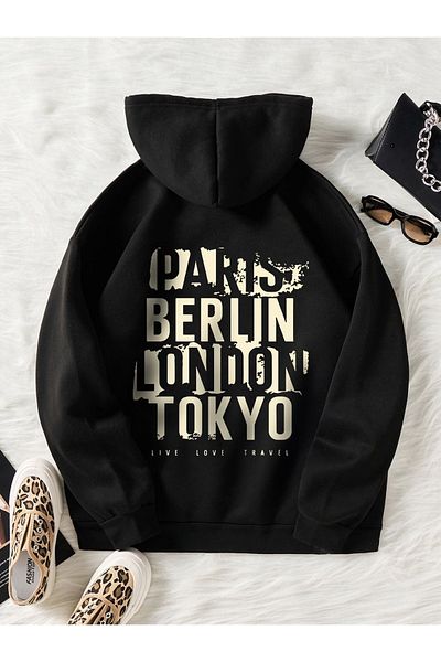 Moda Glo Hanorac unisex cu inscriptione Paris Londra Tokyo