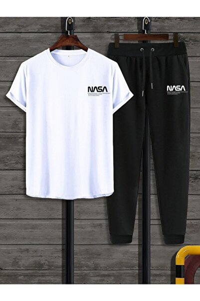 ESLMODA Nasa Baskılı Beyaz T-shirt Siyah Eşofman Altı Jogger -unisex Alt Üst ...