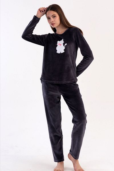 VİENETTA Women's Velvet Long Sleeve Pajamas Suit, 306012