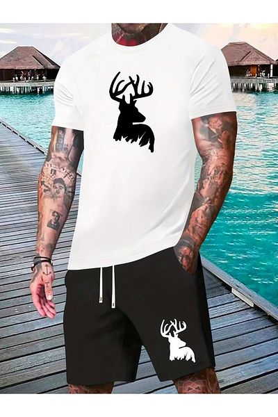 Moda Glo Ανδρικό λευκό oversize μεγάλο ελάφι με στάμπα με κοντό μανίκι σορτς