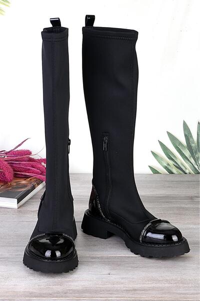 ss shoe & schuh 24578 Siyah Hakiki Deri Rugan Scuba Kumaş Taş Detaylı Kadın Çizme 4Cm