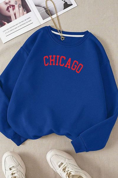 Moda Glo Унисекс памучен суитшърт с щампа Chicago и кръгло деколте