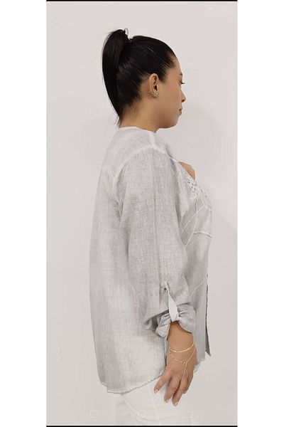 AKŞEN GİYİM 70 cm Oversize - Αυθεντικό πουκάμισο με στάμπα από βαμβακερό λινό ανάγλυφο λουλούδι και ασημί λεπτομέρεια