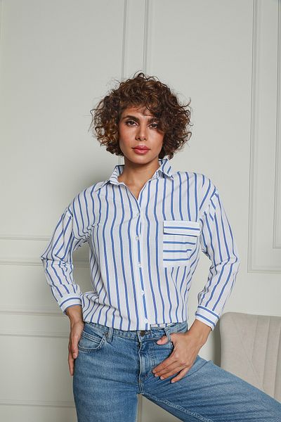Butik Cămașă Saks Blue cu o singură buzunar cu dungi duble 1500056
