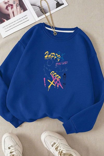 Moda Glo Унисекс памучен суичър с кръгло деколте Happy Smile