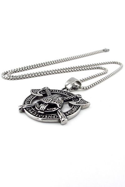 Solfera Viking Warrior Helmet - Cross Axe, Nordic Rune, Titanium Steel Men's Necklace Q0916