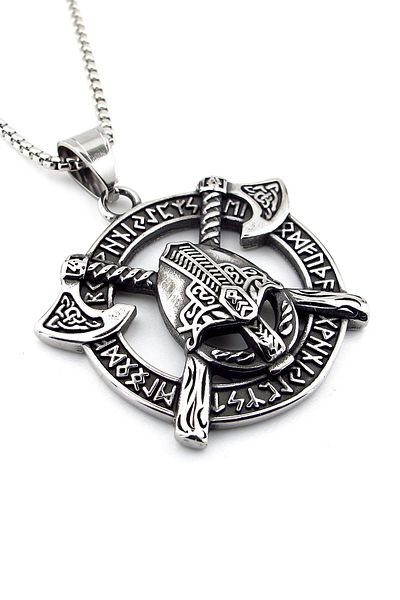 Solfera Viking Warrior Helmet - Cross Axe, Nordic Rune, Titanium Steel Men's Necklace Q0916