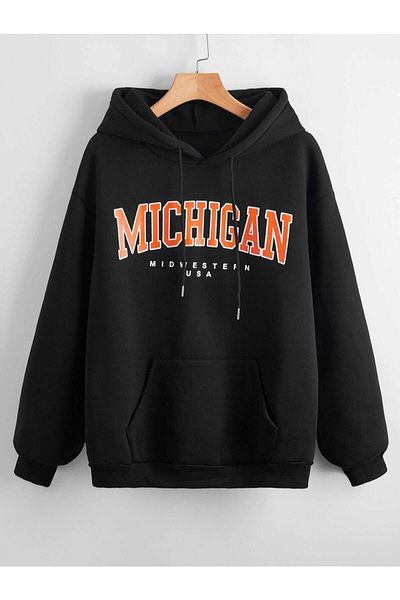 Moda Glo Hanorac unisex negru cu litere Michigan imprimat