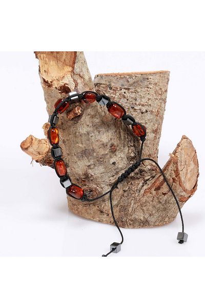 Taş Sandığı Hematite Stone Drop Amber Macrame Bracelet