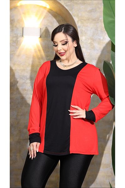 HÜLYA BUTİK Plus Size Red Front Black Stripe Long-Sleeve Blouse
