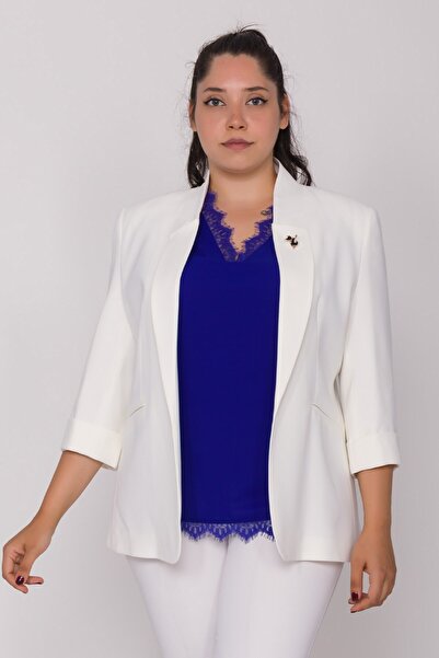 AYHAN 90179 Büyük Beden Kedi Broşlu Kadın Ceket