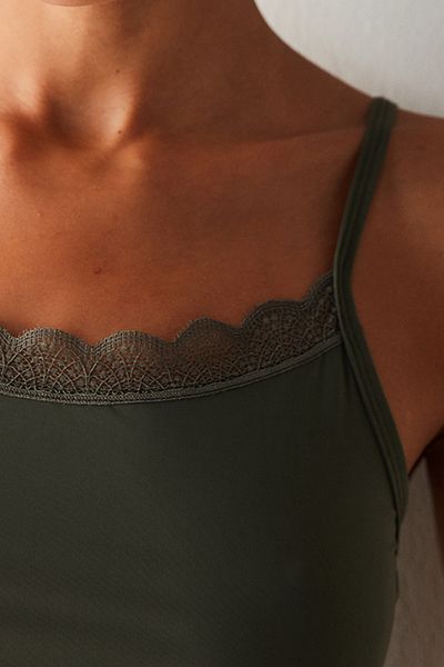 Penti Khaki Lace Collared Strappy Micro Tank Top