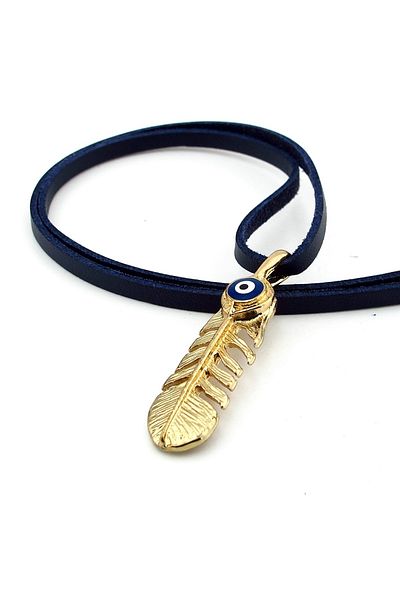 Solfera Yellow Feather Luck Evil Eye Bead Antique Metal Navy Leather Men's Necklace Q0910