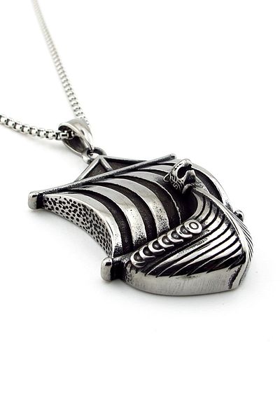 Solfera Nordic Scandinavian Rune Patterned Titanium Men's Necklace - Viking Sailboat Q0920