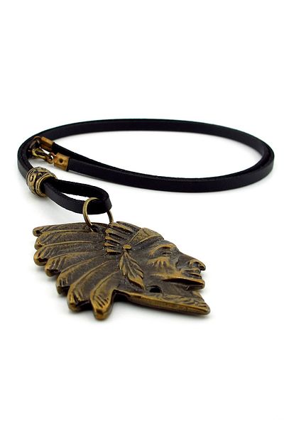 Solfera Native American Chief Wild West Antique Metal Black Leather Men's Necklace Q0908