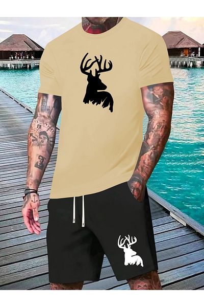 Moda Glo Men's Beige Oversize Large Deer Printed Crew Neck Short Sleeve T-Shirt Shorts Set