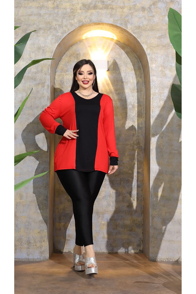 HÜLYA BUTİK Plus Size Red Front Black Stripe Long-Sleeve Blouse