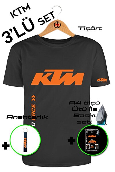 Motosiklet T-shirt 3'lü Set Ktm Racing Unisex Tişört-anahtarlık-a4 Tekstil Baskı Seti