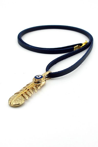 Solfera Yellow Feather Luck Evil Eye Bead Antique Metal Navy Leather Men's Necklace Q0910