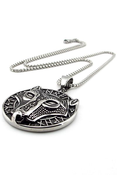 Solfera Viking Wolf Embossed Rune Titanium Men's Necklace - Nordic Scandinavian Q0918