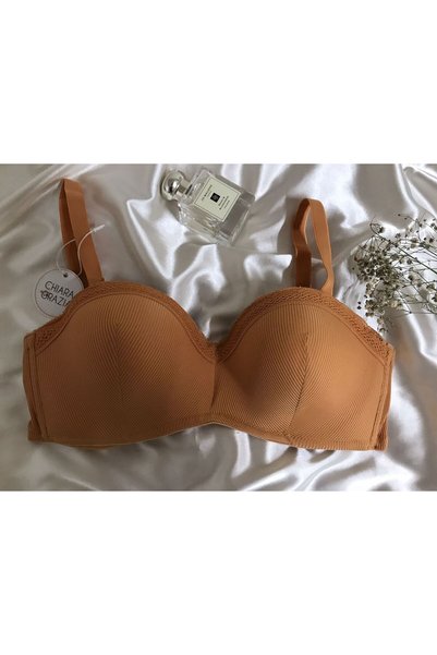 chiara grazia Lace Detailed Unfilled B Cup Mustard Bra