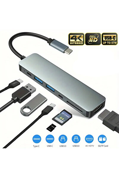 FXN-07 4K 7 in 1 Type-C Macbook Samsung HP HDMI USB PD SD/TF Kart Okuyucu Hub Çevirici Adaptör
