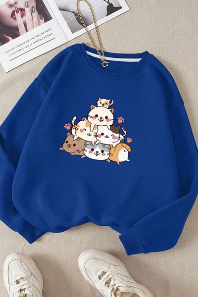 Moda Glo Унисекс памучен суитшърт с щампа на котка и кръгло деколте