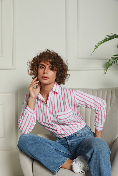 Butik Çift Çizgili Tek Cepli Pembe Gömlek 1500056