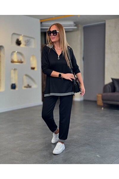 JANES Women's Long Sleeve Ribbed and Zipper Detail Blouse and High Waist Trousers 2-Piece Set