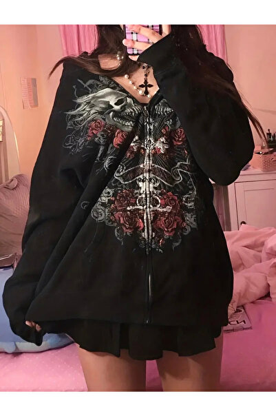 Köstebek Y2K Kafatası ve Çiçek Baskılı Kapüşonlu Sweatshirt