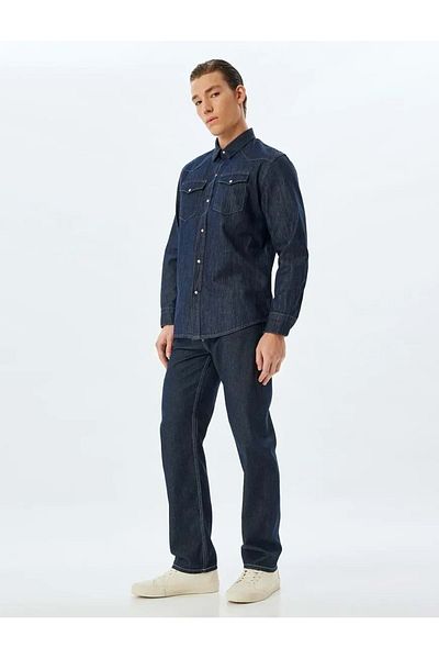 Koton Dunkles Indigo-Jeanshemd aus Baumwolle – Jacke mit Kappe, Taschendetail 5WAM50012ID