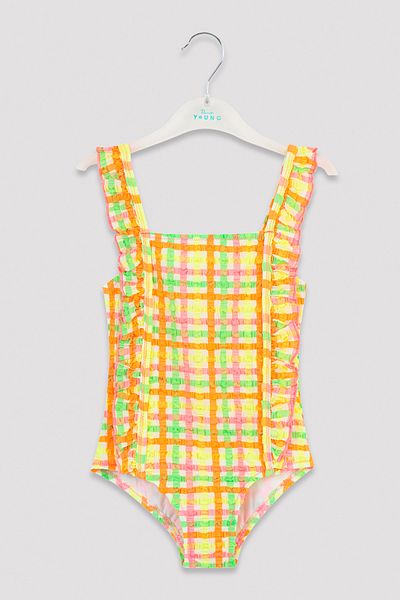 Penti Neon Multicolored Girls' Gingham Checked Ruffle Swimsuit