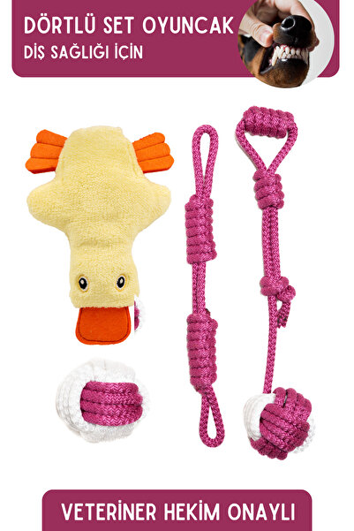 Proud Wave Dörtlü Set Köpek Oyuncağı Sesli Çekiştirmeli Peluş İp Oyuncak Köpek Oyun Topu