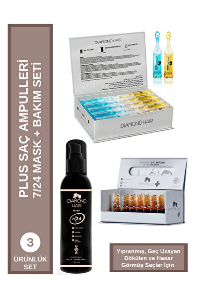 DIAMOND HAIR Bakım Yağı Ve Şampuan - Plus Yoğunlaştırıcı Saç Serumu - Saç Kremi Maskesi Fırsat Seti