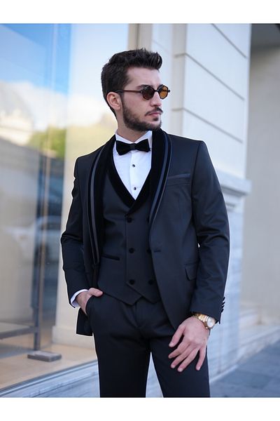 LONATOLİA Men's Velvet Slim Fit Tuxedo - Shawl Collar Italian Style Jacket and Vest Pants Bow Tie