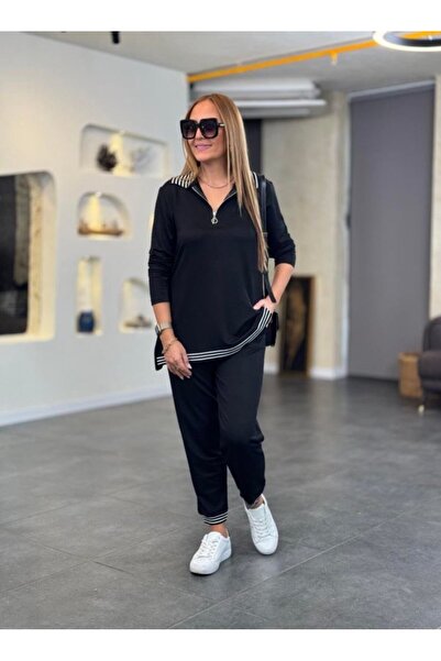 JANES Women's Long Sleeve Ribbed and Zipper Detail Blouse and High Waist Trou...