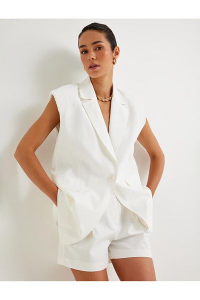 Koton Sima Tarkan Linen Blazer Vest - Double Breasted, Reverse Collar, Pocket 4Sak20118