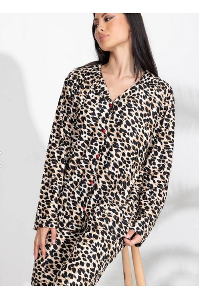 MaSoMi طقم بيجامة ليوبارد، بيجامة قميص ليكرا بأكمام طويلة