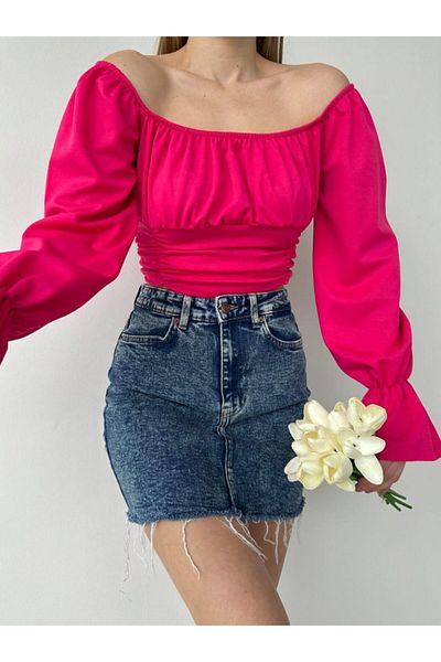 REELMODA GULER MADONNA ROZ MANECĂ BALONATĂ DĂMÂNĂ STILIZ CREPE BLUZ
