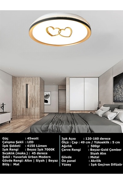 Gökyüzü Panel Yapay Zeka Tasarımlı ,3D BASKILI Kalp,GOLD LEDLİ TAVAN ARMATÜR ...