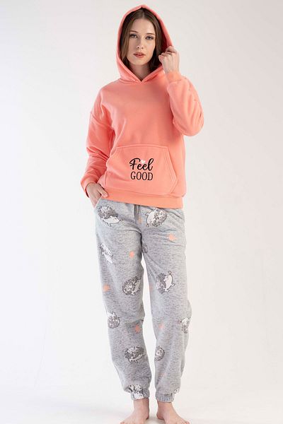 VİENETTA Women's Fleece Hooded Off-Shoulder Long Sleeve Kangaroo Pocket Pajama Set, 303044