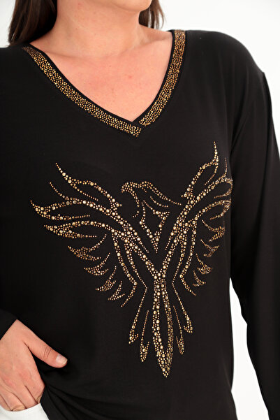 Şans Women's Plus Size Black Collar and Front Stone Print Detailed Blouse 65N38430