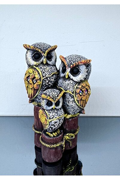 AYCEM Kütükte Üçlü Baykuş Ailesi Polyester Ayna Kristalli Biblo Heykel Ev Ofi...