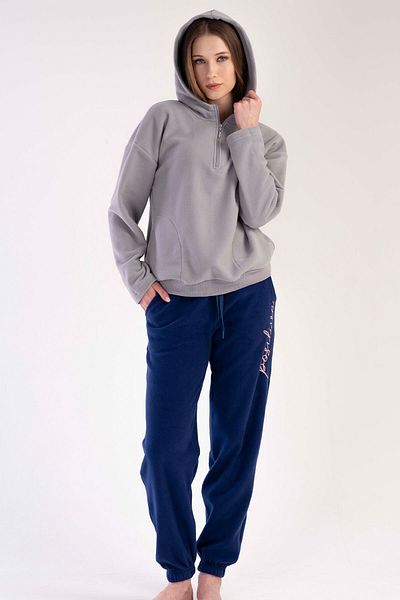 VİENETTA Women's Fleece Hooded Off-Shoulder Half-Zip Long Sleeve Pocket Pajama Set, 303049