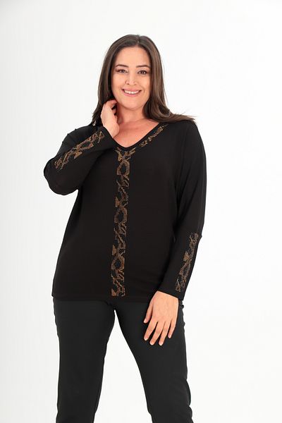 Şans Women's Plus Size Black Sleeve and Front Stone Print Detailed Bat Sleeve Blouse 65N38424